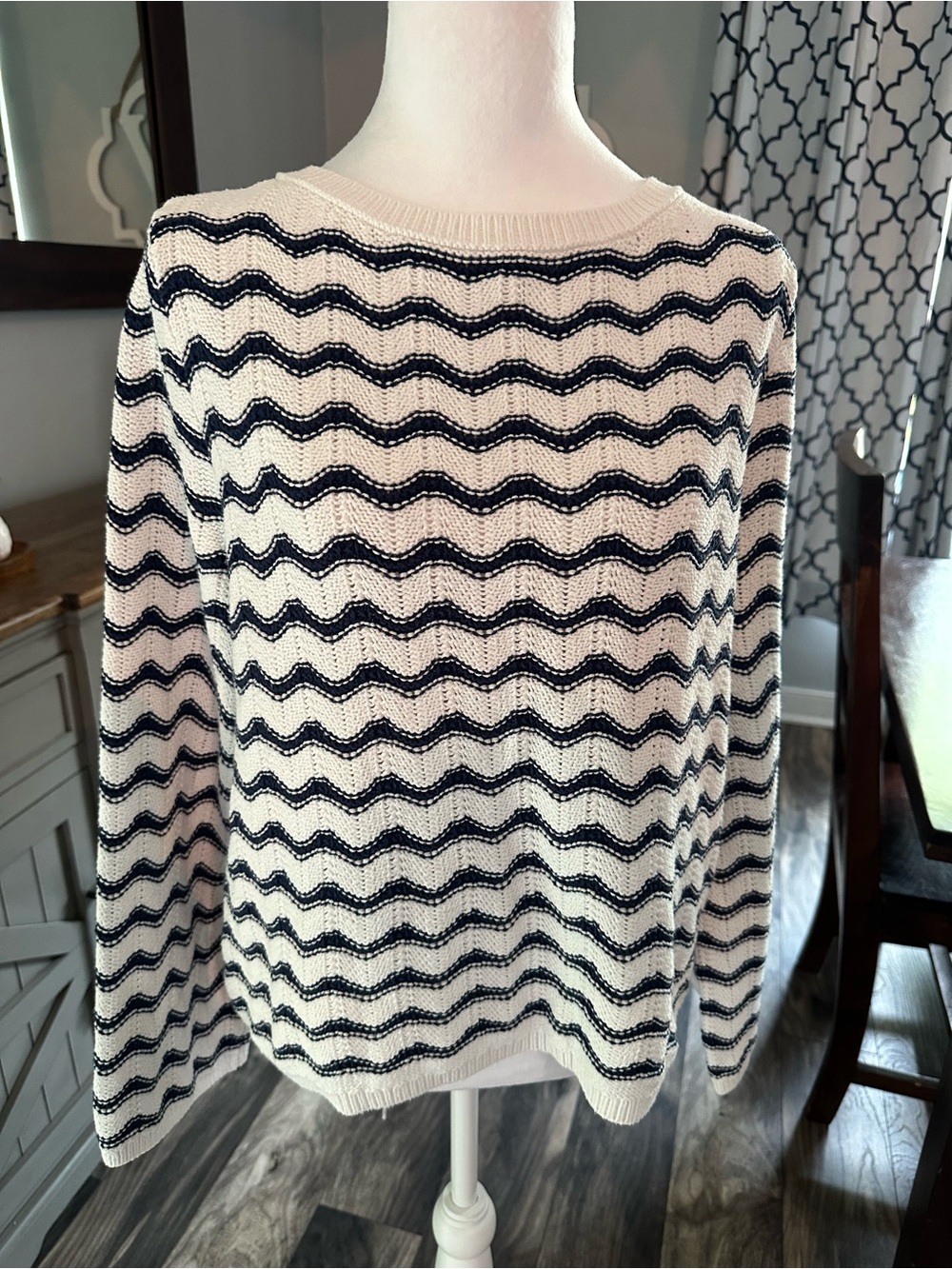 LOFT White & Navy Wavy Striped Sweater